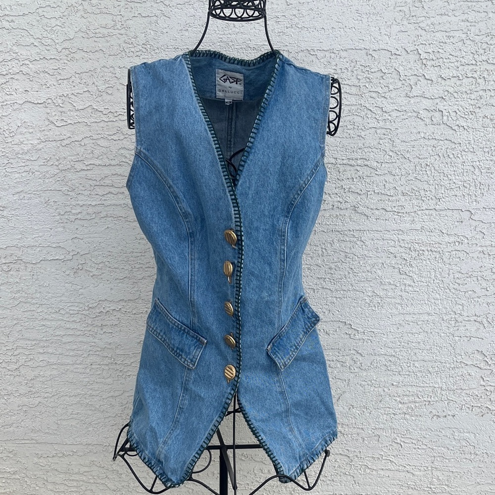 Vintage Boho Chic Gasp by Gallucci Blue Denim Vest with Gold Buttons Size Medium